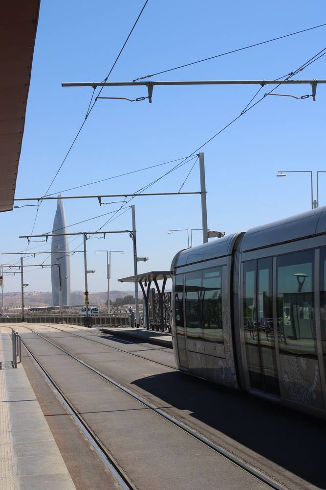 A modern tram at the railway station in Rabat, Morocco